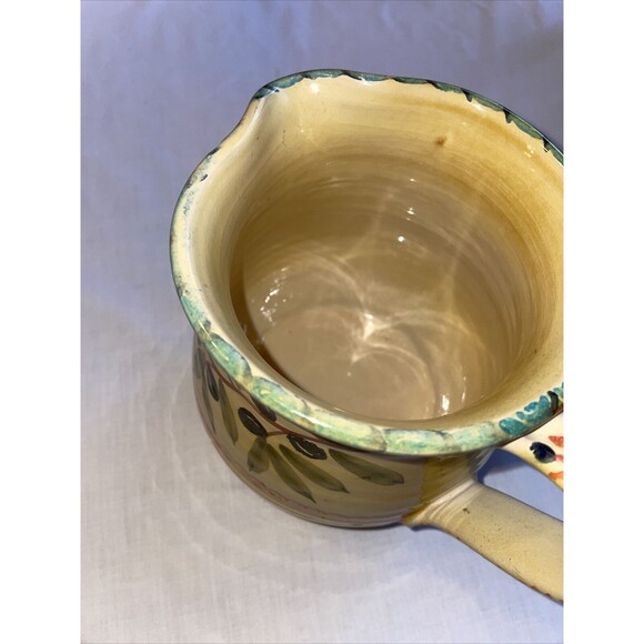 Italica ARS Pottery Pitcher 7” Tall 5” Wide Yellow Beige Olive Branch Handle - Picture 11 of 12